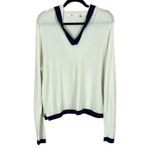 89th + Madison V-Neck Sweater Hoodie White and Blue Timeless Design Size Large